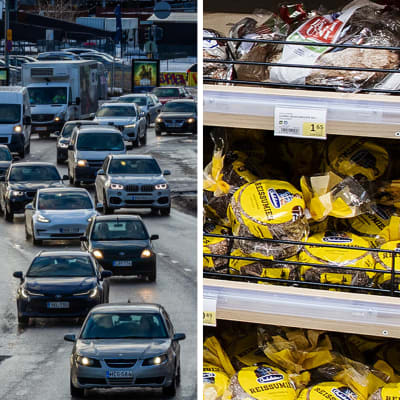 Kolmen kuvan yhdistelmä, jossa näkyy liikennettä, leipää ruokakaupassa sekä asuntoja.