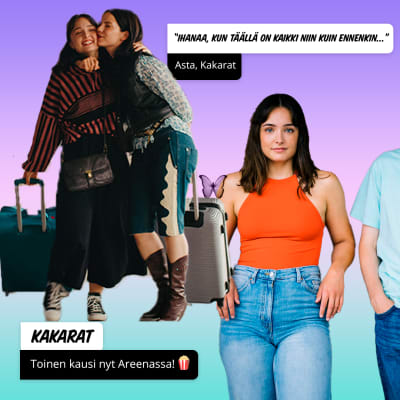 Kaksi nuorta naista matkalaukkujen kanssa värikkäällä liukuväritaustalla. Kuvan päällä teksti "Kakarat. Toinen kausi nyt Areenassa!".
