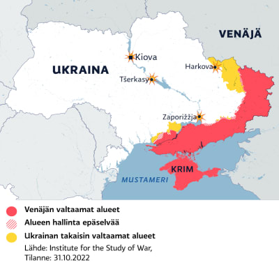Kartalla Venäjän valtaamat alueet Ukrainassa 31.10.2022.