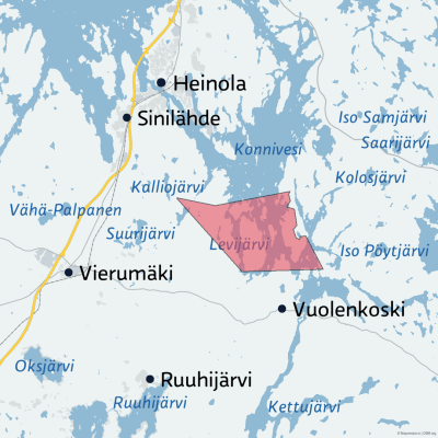 Kartta, jossa näkyy muun muassa Heinola, Sinilähde, Vierumäki ja Vuolenkoski. Konniveden alalaidassa on merkitty punaisella kuviolla alue, jolle malminetsintäyhtiö on tehnyt varauksen.