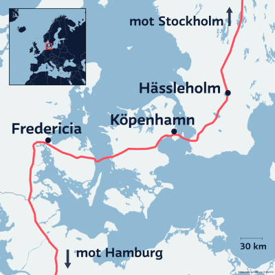 Karta över tåglinjen genom Danmark.