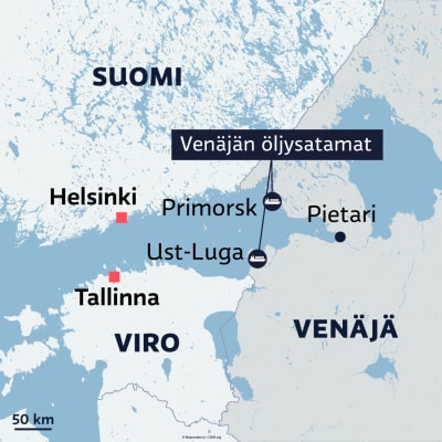Kartalla Venäjän öljysatamat Suomenlahdella.