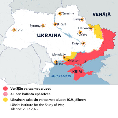 Kartalla Venäjän valtaamat alueet Ukrainassa 29.12.2022.