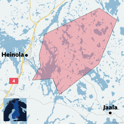 Kartta, jolla on merkitty varausalue vaaleanpunaisella. Kartalla on sinisellä vesialueita ja keltaisella nelostie. Tekstillä merkitty Heinola ja Jaala. Kartan alakulmassa on pieni Suomen kartta, jolla on punaisella Heinolan sijainti.