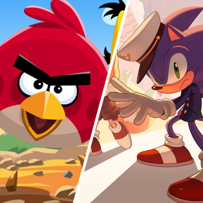 Kaksi kuvaa, joista tosiessa näkyy Angry Birdsin punainen lintupelihahmo ja toisessa Sonic the Hedgehogin violetti pelihahmo merimieshattu ja -pusero päällään.