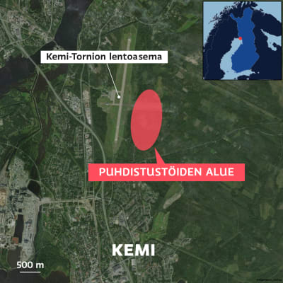 Satelliittikuvassa alue jolta puolustusvoimat puhdistaa maa-alueita Kemi-Tornion lentokentän lähellä.