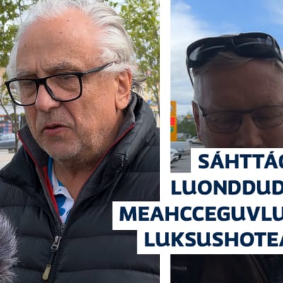 Kollaasissa kolme miestä, joilta kysyimme saako erämaahan rakentaa luksushotelleja. Kysymys on isoilla kirjaimilla saameksi.