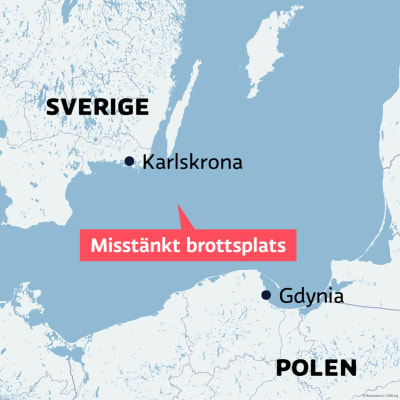 Karta över Östersjön med Polen och Sverige utmärkta. Även den ungefärliga platsen där ett misstänkt brott mot liv utfördes finns utmärkt.