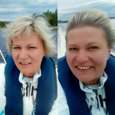 kaksi kuvaa vierekkäin Susanna Viiankorvesta. Molemmissa kuvissa hänellä on päällään pelastusliivi ja valkoinen takki. Ensimmäisessä kuvassa Viitakorven yläluomet ovat lähempänä mustuaista.