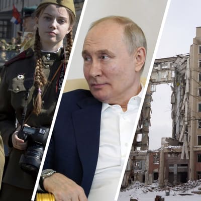 Kuvayhdistelmässä voiton päivän paraatissa esiintyviä lapsia, Mykolaivin kaupunin tuhoutunut rakennus ja Venäjän presidentti Vladimir Putin.
