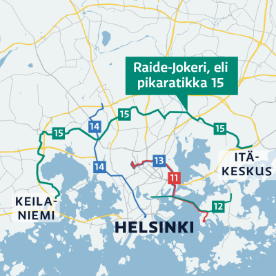Kartassa näkyy Raide-Jokerin nro 15 reitti (Itäkeskus - Keilaniemi) sekä myös linjojen 11, 12, 13 ja 14 reitit.