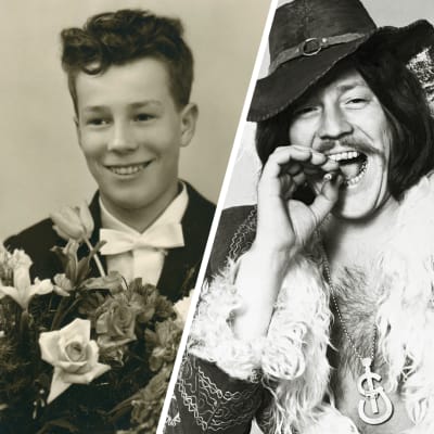Kuvamanipulaatio missä rinnakkain Irwinin rippikuva ja Irwinin artistikuva. Oikealla puolella nuori poika kukka kimpunkanssa. Vasemmalla mies nauramassa tupakki kädessään.