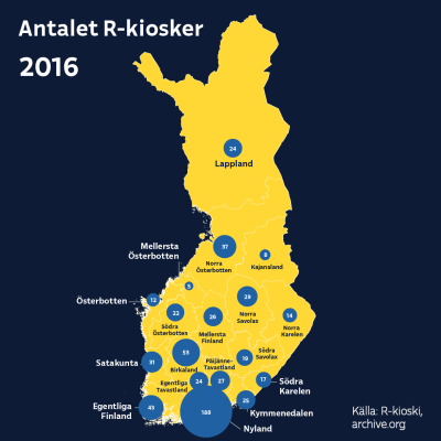Kartan visar R-kioskerna i Finland 2016 landskapsvis. Flest kiosker finns i Nyland, 188 stycken, men även i Lappland finns 24 kiosker.