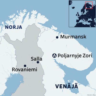Kartassa Kuolan niemimaa ja Poljarnye Zori -kaupungin sijainti.