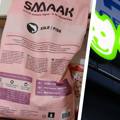 Bildkollage med baksidan av en hundmatssäck av märket Smaak Fisk till vänster och en affärsskylt med djurtillbehörsbutiken Musti ja Mirris logotyp till höger.