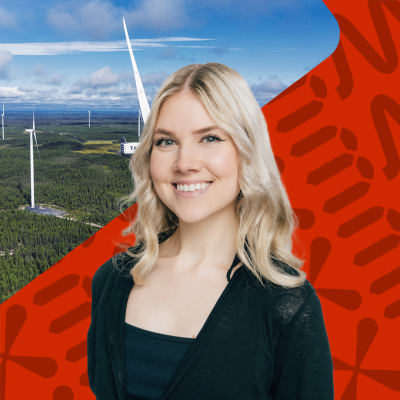 Redaktören Sabina med Yle X3Ms logotyp och i bakgrunden bilder på vindkraftverk