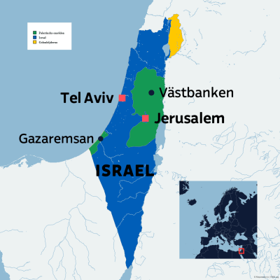 Karta som visar Israel och de palestinska områdena.
