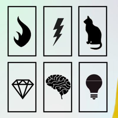 Kuvituskuva, jossa savusta muodostuvan ihmishahmon vieressä on kuusi kehystettyä symbolikuvaa: liekki, nuoli, kissa, timantti, aivot ja hehkulamppu.