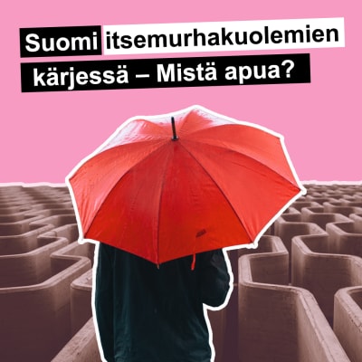 Yle Kioskin julkaisu itsemurhista. Kuvassa henkilö sateenvarjon kanssa ja labyrintti.