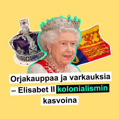 Kuningatar Elisabet ja hänen ypärillään on kruunu sekä kuninkaallinen lippu.