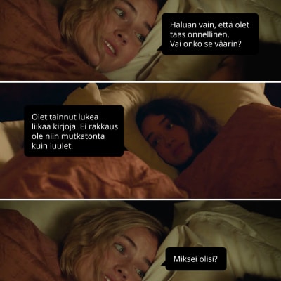 Sanditon-sarjan Alison ja Charlotte Heywood keskustelevat sängyssä siitä, onko rakkaus mutkatonta vai ei.