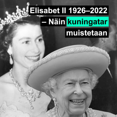 Yle Kioskin julkaisu, jossa on kuningatar Elisabet nuorena ja vahempana.