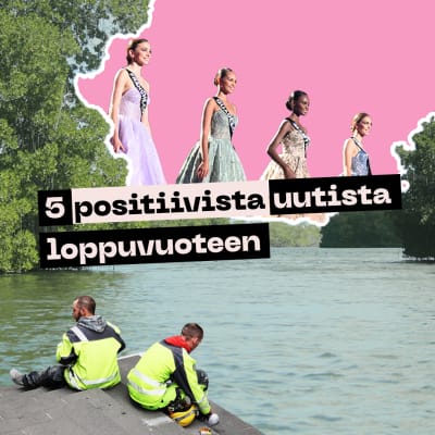 Vihreitä puita ja naisoletettuja pitkissä iltapuvuissa.  Kaksi miesoletettua järven rannalla istumassa. 