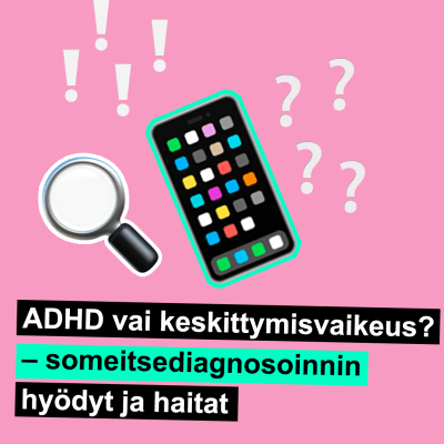 Älypuhelin, suurennuslasi, huutomerkit ja kysymysmerkit