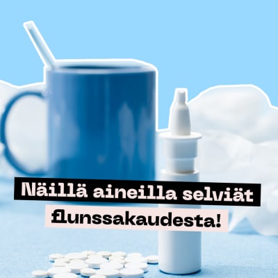 Nenäsumute, lääketabletit, kuuma juoma mukissa ja käytetyt nenäliinat ovat pöydän päällä.