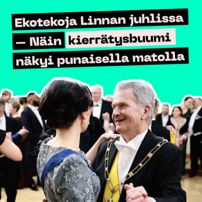 Jenni Haukio tanssii Sauli Niinistön kanssa Presidentinlinnassa. Taustalla on kutsuvieraita itsenäisyyspäivän vastaanotolla.