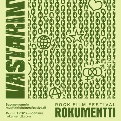 Rokumentti 2023  juliste, jossa telsti Suomen suurin musiikkielokuvafestivaali ja päiväys 15.-19.11.2023 Joensuu. Julisteessa piirrettyjä ketjukuvioita ja symboleja. 