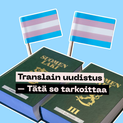 Kaksi Suomen lakikirjaa ja takana kaksi translippua.