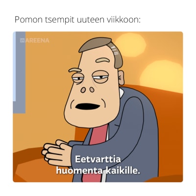Pasila-sarjan animaatiohahmo Juhani Kontiovaara toivottaa eetvartit huomenet. Meemikuva.