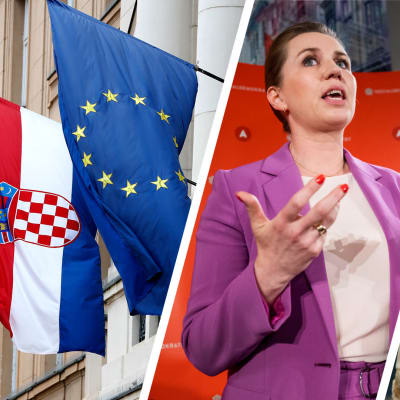 Kuvakombo jossa Kroatian ja EU:n liput, Mette Frederiksen ja Kuningatar Elisabet II.