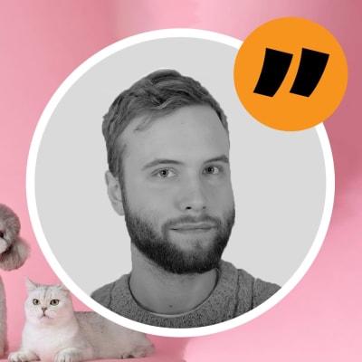 Simon Karlsson, en ung mans ansikte är inklippt över en bild på två hundar och två katter mot en enfärgad rosa bakgrund.