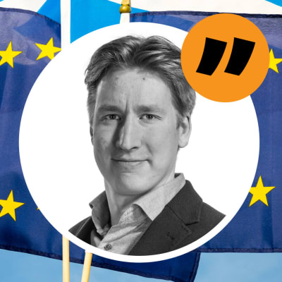 Rikhard Husus bild ovanpå en bild med Skottlands och EU:s flaggor.