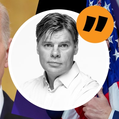 I bakgrunden två bilder av Joe Biden och Donald Trump, i förgrunden en inklippt bild av redaktör Ville Hupa.
