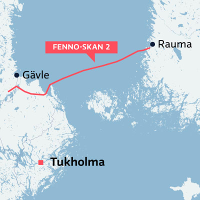 Kartta näyttä Raumalta Ruotsiin kulkevan merenalaisen Fenno-Skan 2 -kaapelin reitin. Kaapeli saapuu Ruotsin rannikolle Danneboon kohdalta Gävlen eteläpuolelta.