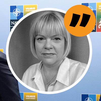 Turkiets president Erdoğan och Natochefen Stoltenberg skakar hand i samband med överläggningarna i Vilnius. Svenska Yles Europakorrespondent Mette Nordström till höger i en kommentarsbild.