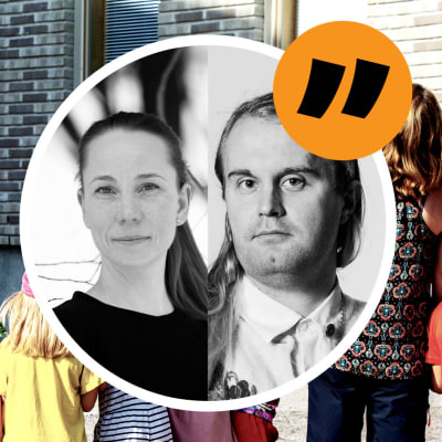 I bakgrunden bild på en skolgård med elever. I framgrunden porträtt på två personer i gråskala, som ser allvarliga ut.