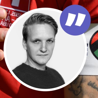 Sebastian Backman framför en regnbågsbindel.