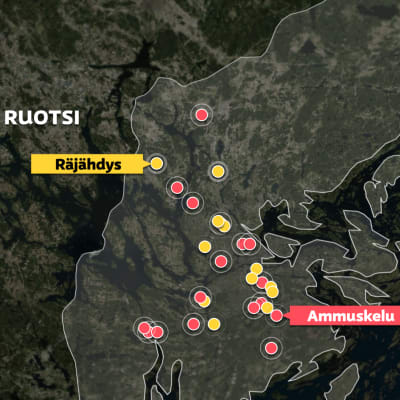 Kartta Tukholman alueen räjähdyksistä ja ammuskeluista alkuvuonna 2023. Lähde: Dagens Nyheter, Ruotsin poliisi.