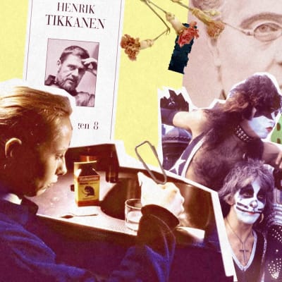 Ett bildkollage. I nedre vänstra hörnet syns skådespelaren Kati Outinen och ovanför henne pärmbilden av Henrik Tikkanens roman "Brändövägen 8". I det nedre högra hörnet syns hårdrocksbandet Kiss och ovanför dem Johan Ludvig Runeberg och Rambo. 