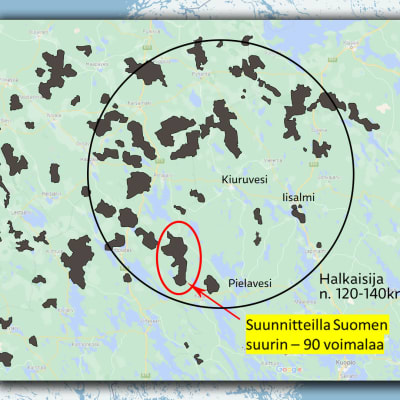 Karttakuva Itä-Suomen tuulivoimahankkeista. Kartassa Ylä-Savon aluetta. 