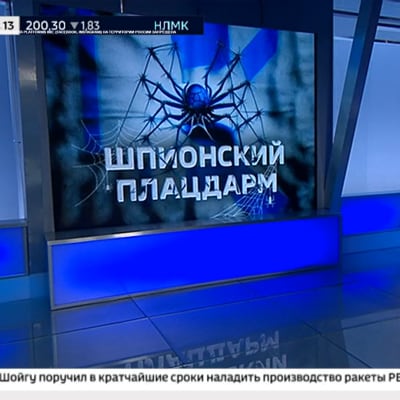 En rysk reporter står framför en skärm som visar en spindel i ett blåvitt nät.