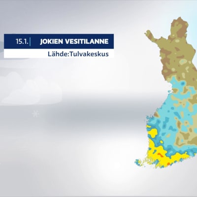 Säägrafiikka jokien vesitilanteesta koko Suomessa. Alueet etelässä ja lounaassa hehkuvat keltaisella, eli vettä on siellä enemmän.