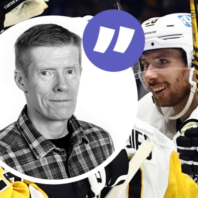 Anders Nordenswan i förgrunden och firande Pittsburgh spelare i bakgrunden.