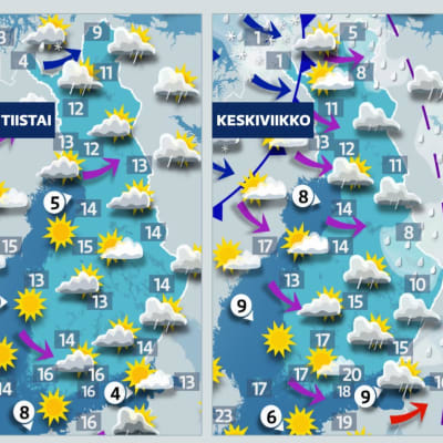 Kuvassa näkyy tiistain, keskiviikon ja torstain sääkartat.