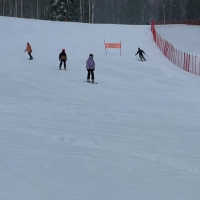 Neljä nuorta laskettelijaa laskee alas Ukko-Kolin rinnettä lumisateessa.