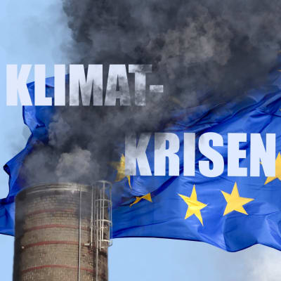  En skorsten sveper svart rök ovanpå EU-flaggan. Bildredigeringsillustration.